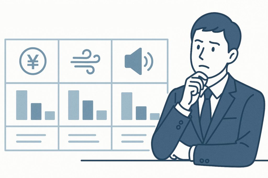 HVLSファンのスペック表を前にして悩んでいる人物のイラスト