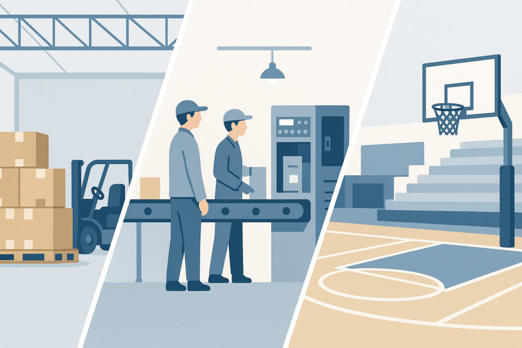 倉庫・工場ライン・体育館の3シーンをシンプルに描いたイラスト