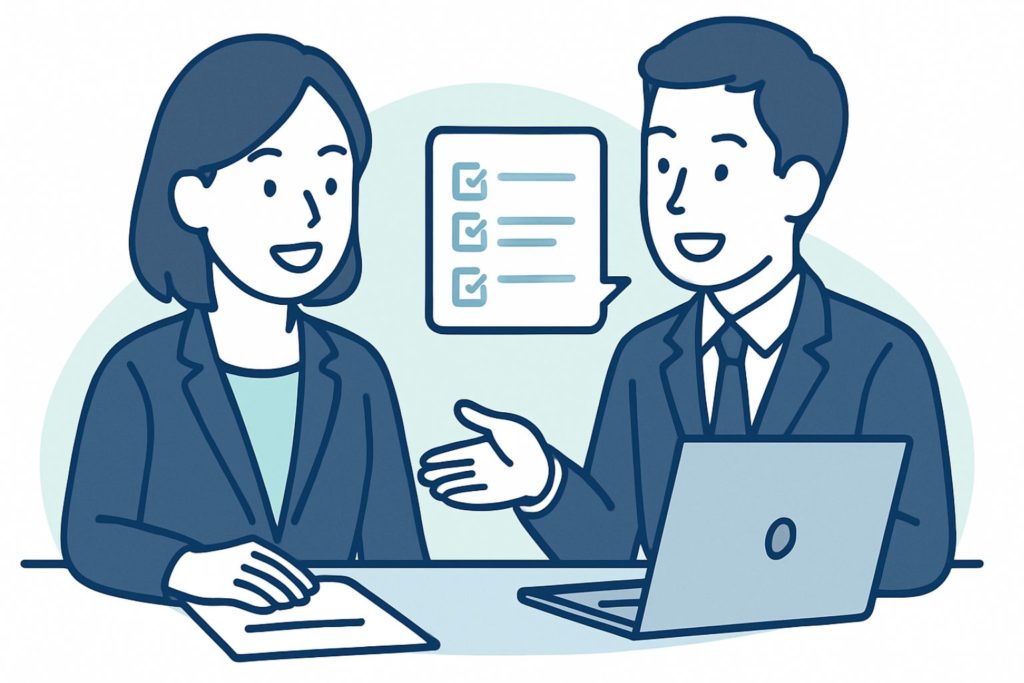 HVLSファンの比較と検討について、話し合いをしている人物のイラスト