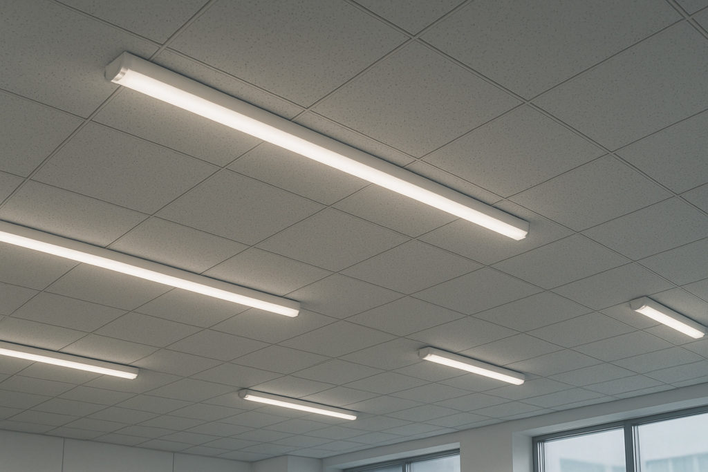 オフィスのLED照明による節電対策と省エネ効果のイメージ