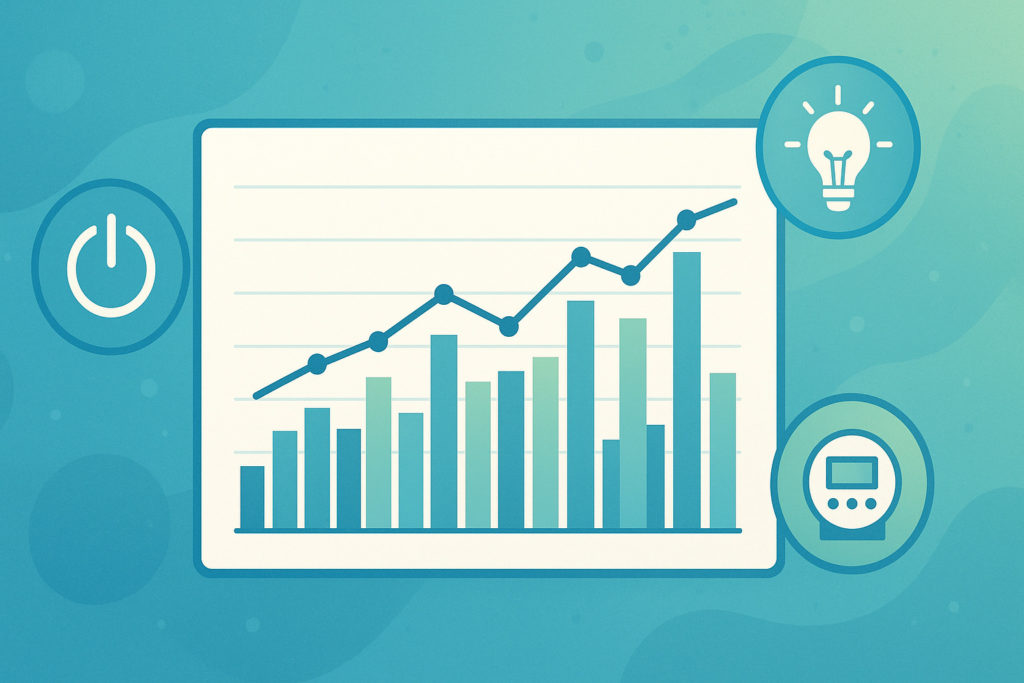 オフィスの電力使用量をグラフで分析し節電対策に活用するイメージ