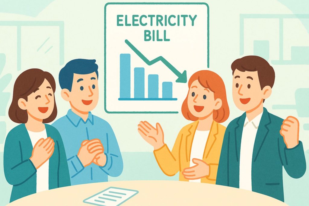 オフィスの節電対策で電気代削減を実現し喜ぶ社員たちのイメージ