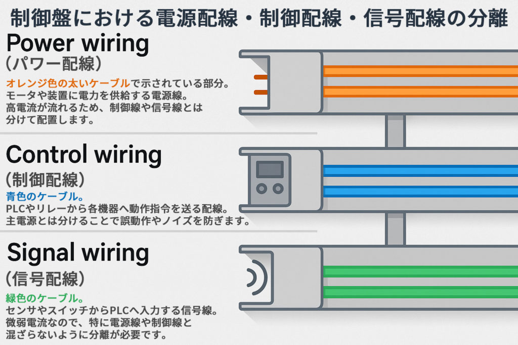 制御盤における電源配線・制御配線・信号配線の分離