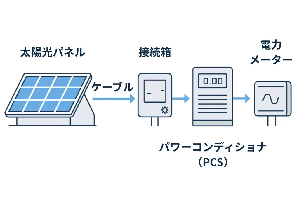 太陽光パネルからパワーコンディショナ（PCS）を経由して電力メーターに電気が流れる仕組みを示す図解。太陽光発電システムの構成イメージ
