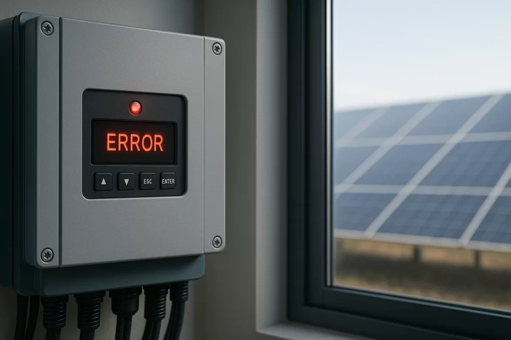 太陽光発電システムのパワーコンディショナにエラー表示が点灯している様子。発電異常や故障を示すトラブル事例のイメージ