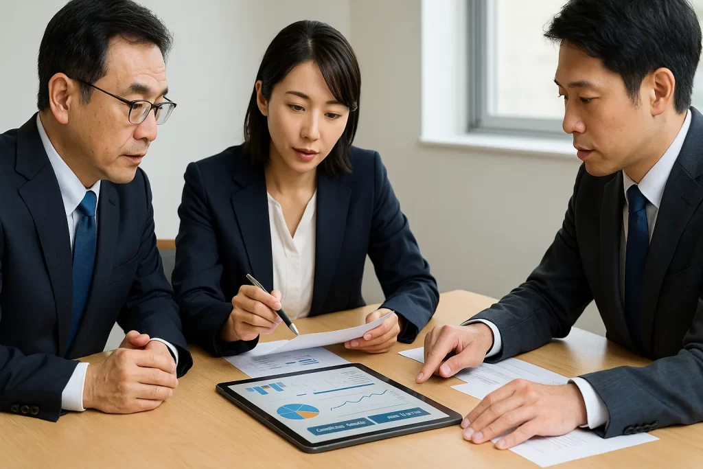 太陽光発電システムのメンテナンス費用や点検頻度を打ち合わせるビジネス担当者たち。データ分析をもとにコストを検討する様子