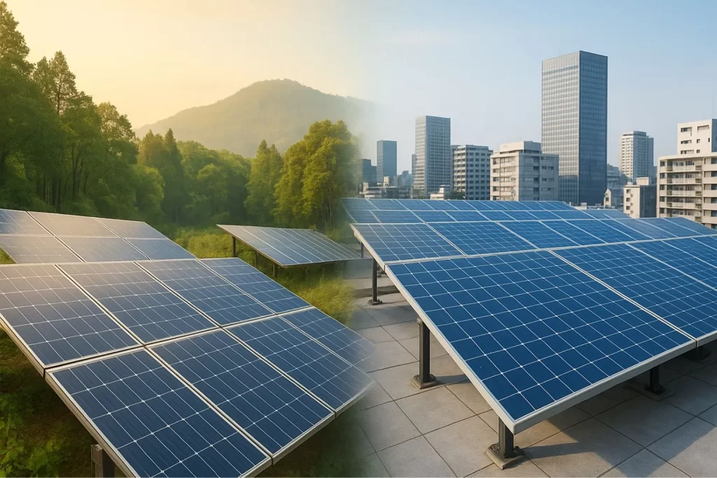 自然環境と都市環境に設置された太陽光発電パネル。設置環境に応じたメンテナンスと長寿命化の重要性を示すイメージ