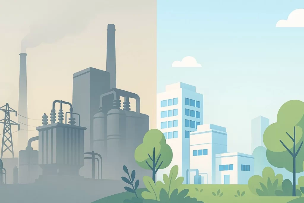 PCB規制強化の背景を示すイラスト。左側に汚染リスクのある工場設備、右側にクリーンで安全な都市環境を対比して描いた図