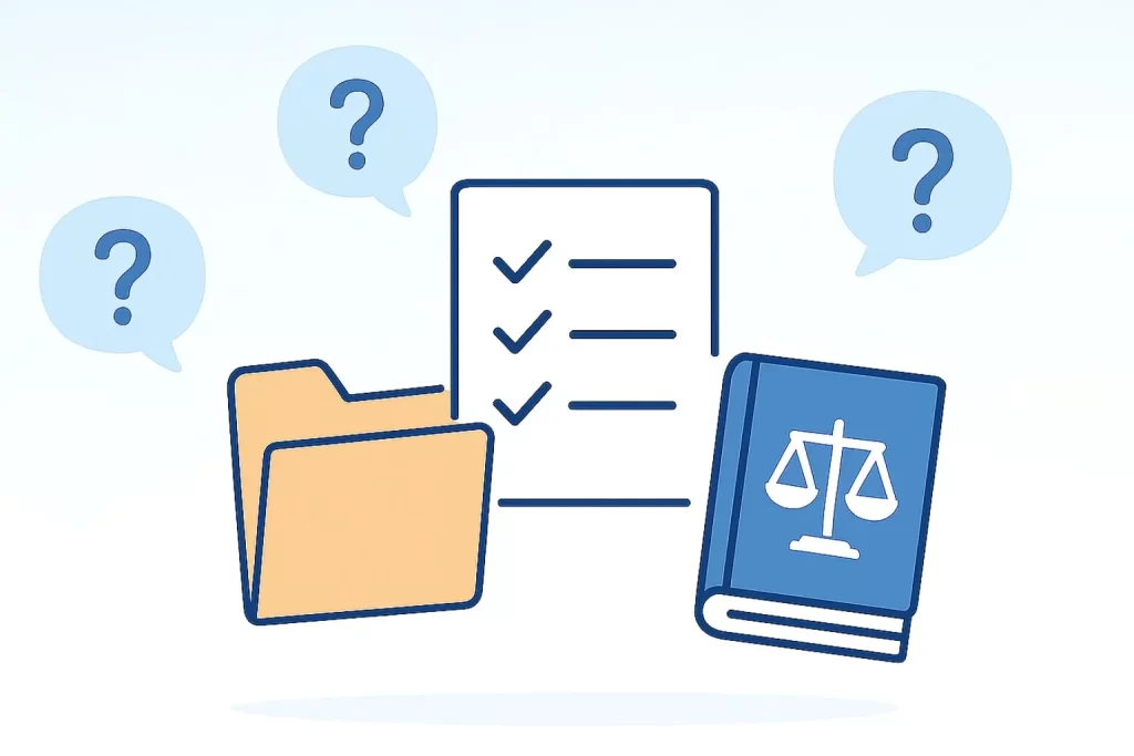 書類フォルダー・チェックリスト・法令を示す本と、疑問を示すクエスチョンマークが並ぶFAQイメージ図