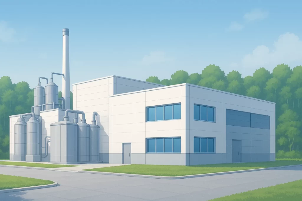 整理された産業施設の外観を描いたイラスト。PCB規制への適切な対応が企業の信頼維持につながることを示す締めくくりイメージ