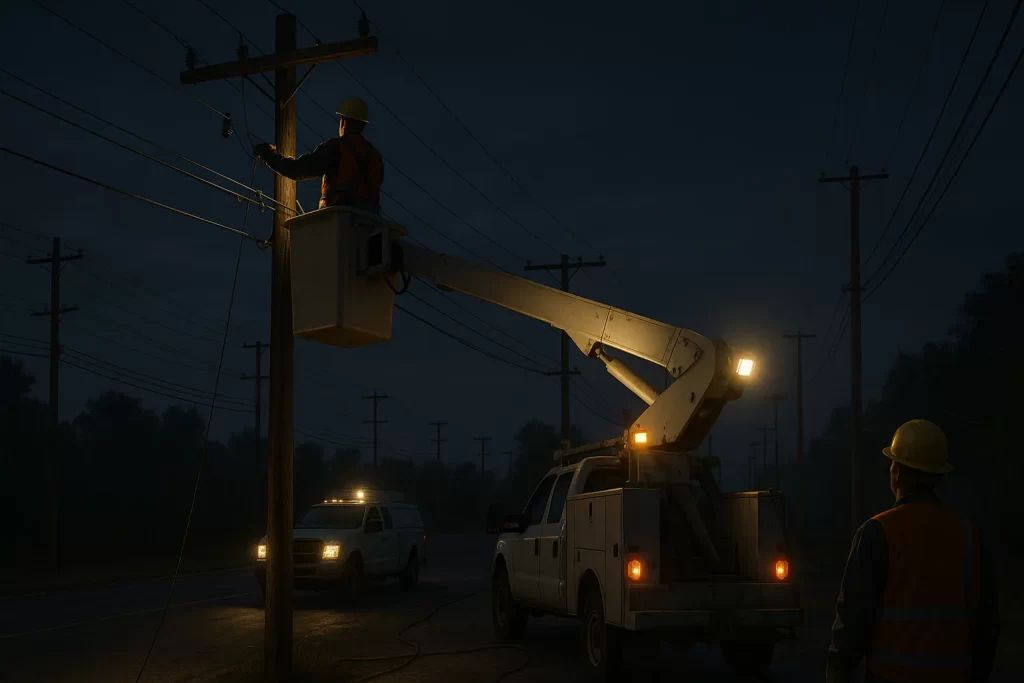 夜間に作業車が電柱の復旧作業を行う様子。災害時の停電が復旧するまでの流れと電力会社の対応を示す写真。
