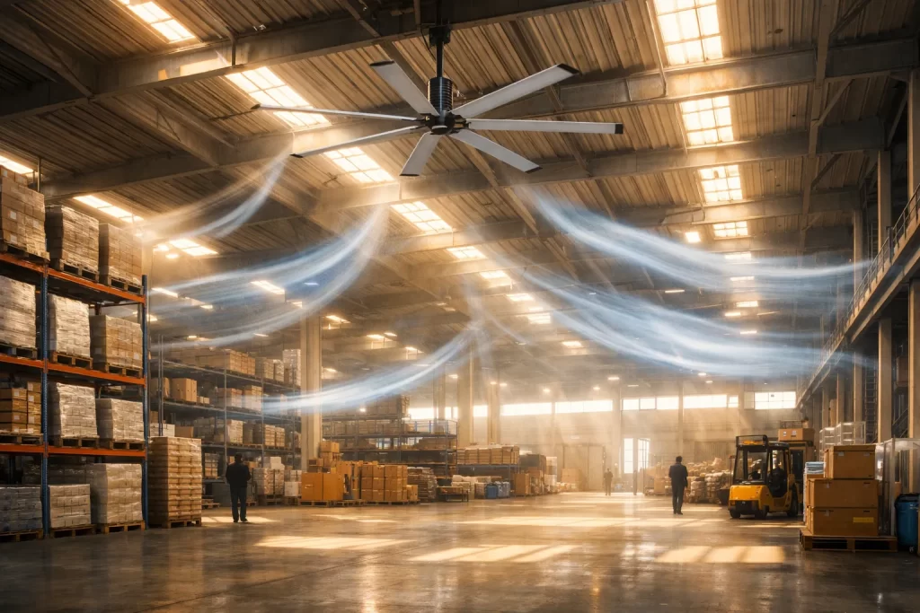倉庫内に空気の流れを作り、快適な作業環境と熱中症対策を両立している現場