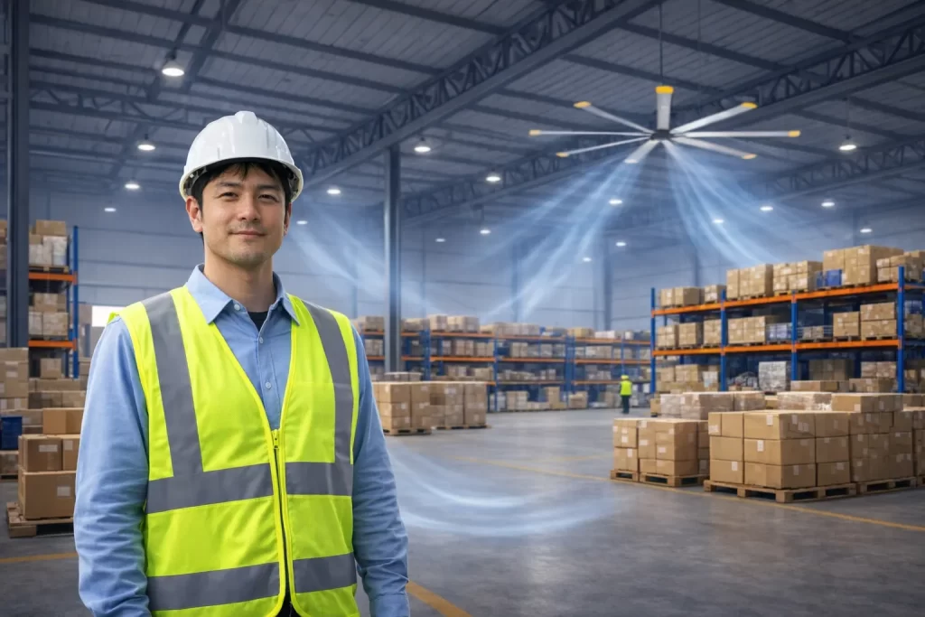 大型ファン導入により倉庫内の空気循環が改善された作業現場の事例