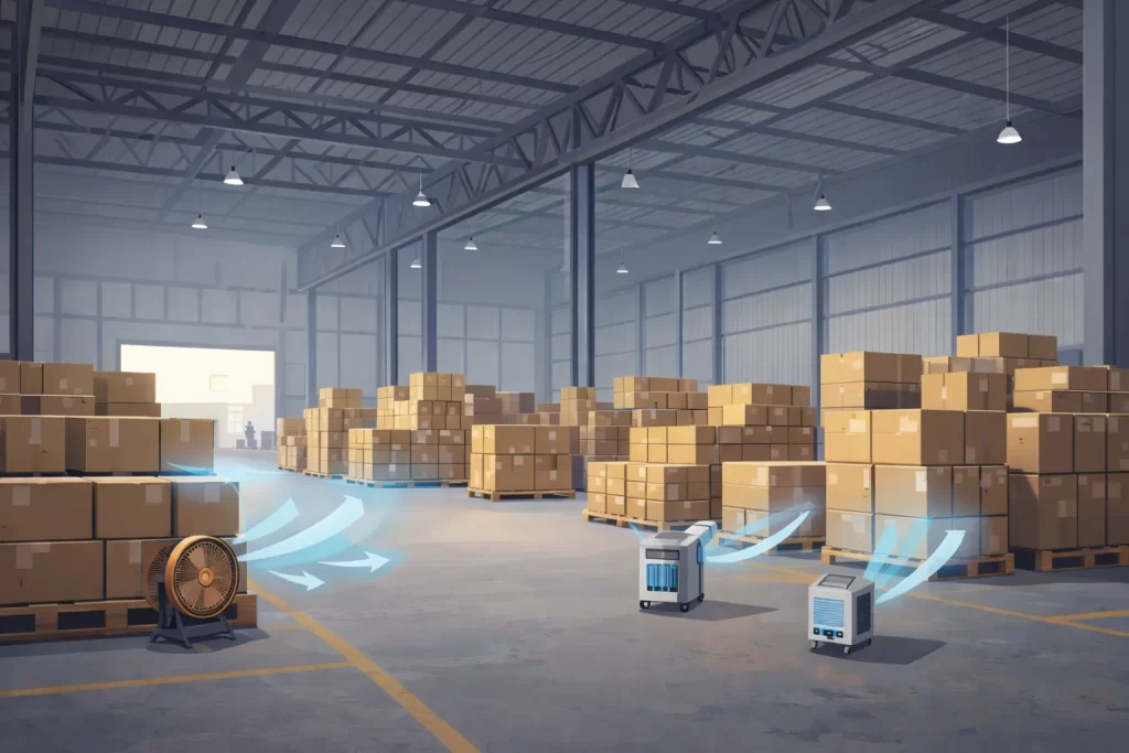 工場扇やスポットクーラーでは倉庫全体の熱中症対策が難しい状況