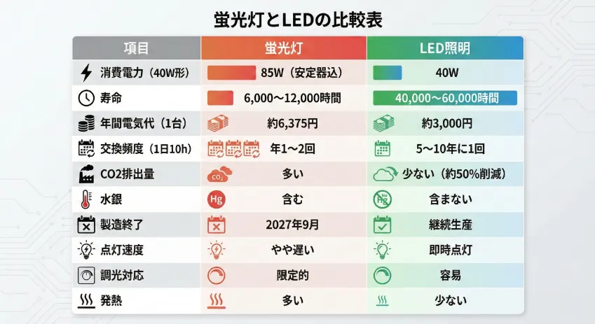 蛍光灯とLEDの比較表